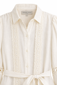 Robe chemise maxi Caroline Constas en mélange lin-viscose ivoire brodé, manches bouffantes, ceinture ajustable_detail