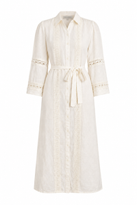 Robe chemise maxi Caroline Constas en mélange lin-viscose ivoire brodé, manches bouffantes, ceinture ajustable_vue de face