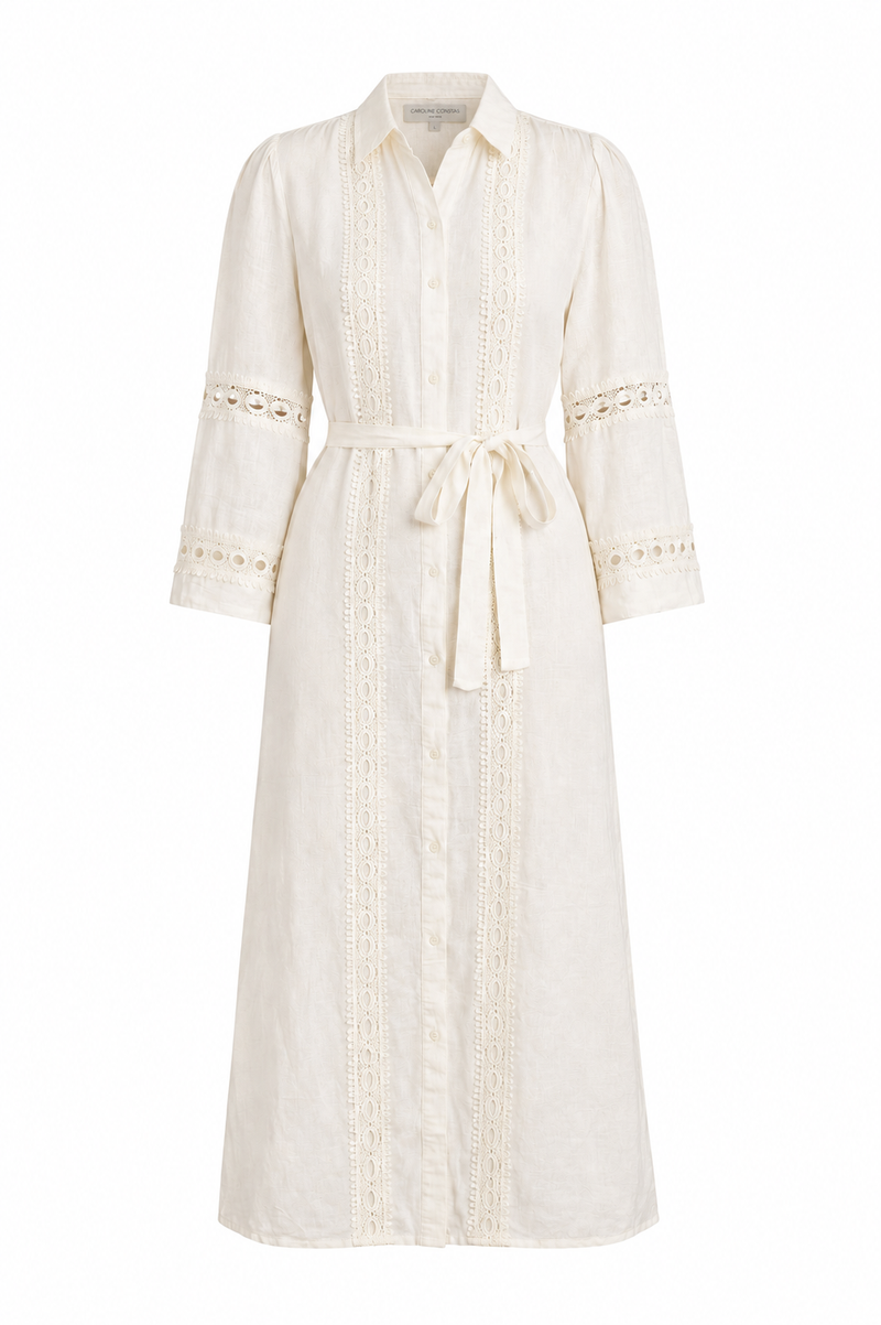 Robe chemise maxi Caroline Constas en mélange lin-viscose ivoire brodé, manches bouffantes, ceinture ajustable_vue de face