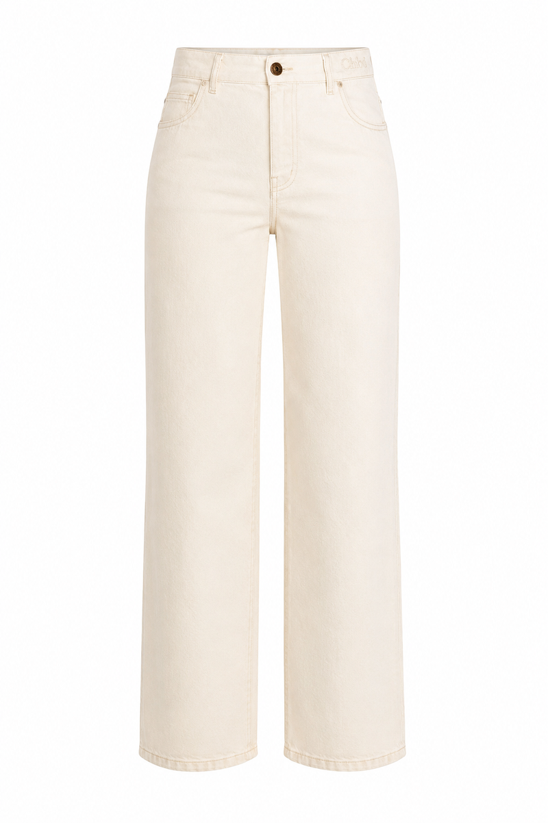 Jean Chloé Donna blanc crème Iconic Milk, taille haute, jambe large, denim 87% coton 13% chanvre, fabriqué en Italie_vue de face
