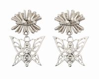 Paire de boucles d'oreilles Barbed Bug Drop Chopova Lowena en palladium argenté et cristaux rouges, design insecte maximaliste avec éléments barbelés graphiques, confection bulgare, taille unique_vue de derrière