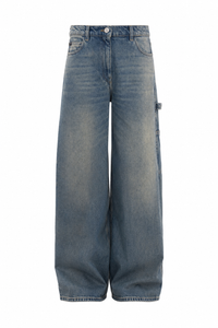 Jean baggy Courrèges bleu vintage, vue de face — coupe Hammer oversized low-rise, denim vintage moyen avec whiskering, Made in France_vue de face