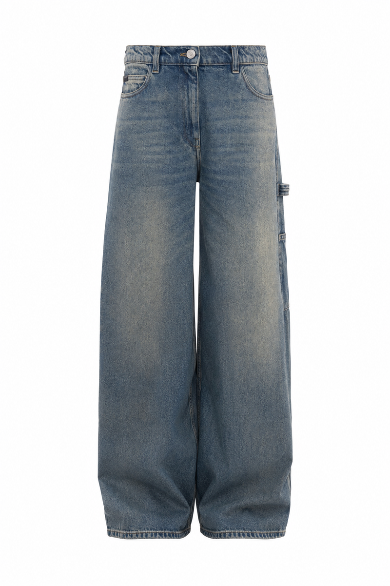 Jean baggy Courrèges bleu vintage, vue de face — coupe Hammer oversized low-rise, denim vintage moyen avec whiskering, Made in France_vue de face