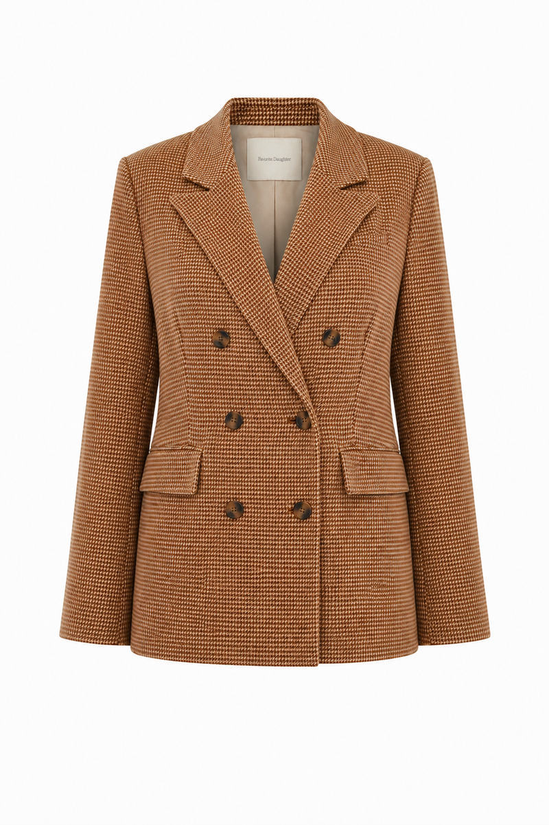 Blazer Favorite Daughter Phoebe motif pied-de-poule caramel avec revers en pointe et épaules structurées_VUE DE FACE