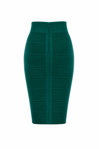 Jupe crayon bandage vert émeraude Hervé Léger, taille haute, coupe moulante iconique, style glamour - Vue de dos