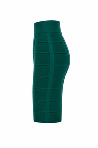 Jupe crayon bandage vert émeraude Hervé Léger, taille haute, coupe moulante iconique, style glamour - Vue de coté