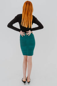 Jupe crayon bandage vert émeraude Hervé Léger, taille haute, coupe moulante iconique, style glamour - vue de dos