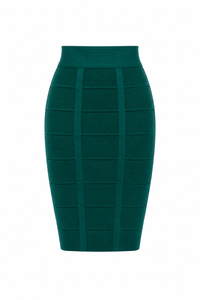Jupe crayon bandage vert émeraude Hervé Léger, taille haute, coupe moulante iconique, style glamour - Vue de face