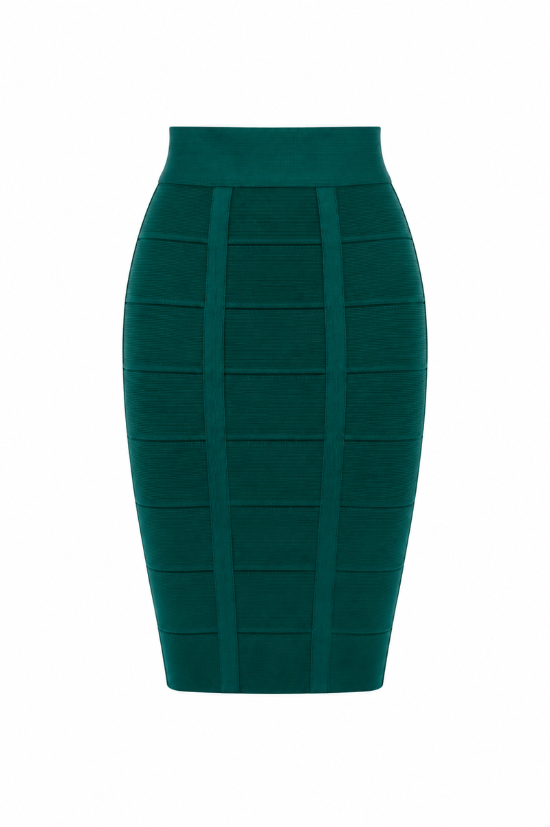 Jupe crayon bandage vert émeraude Hervé Léger, taille haute, coupe moulante iconique, style glamour - Vue de face