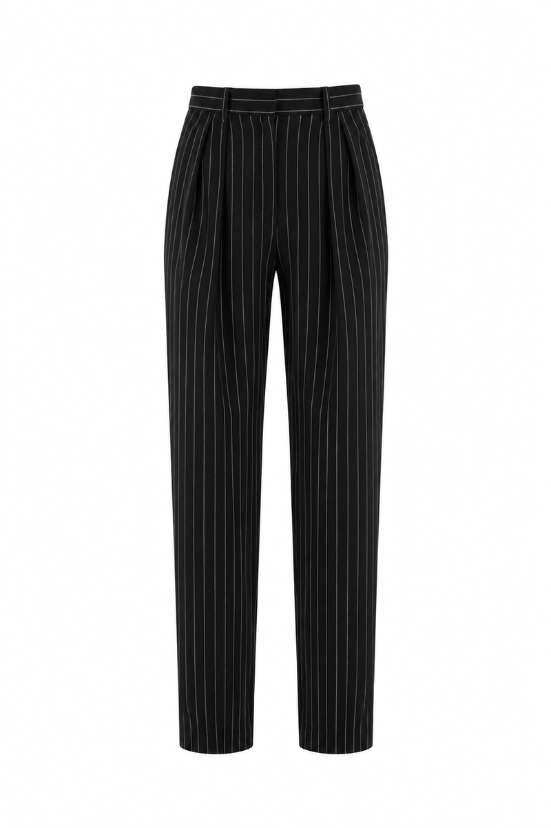 Pantalon IRO Gouvy en mélange de laine noir et gris, jambe droite, taille haute avec plis plats devant, poches fonctionnelles à l'entrejambe, fermeture éclair et bouton, tissu respirant avec élasticité subtile, non doublé - Vue de face