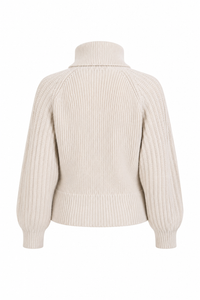 Pull IRO Murane en laine beige avec col roulé, découpe frontale cut-out sur le buste, maille structurée dense, style parisien rock chic_vue de dos