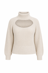 Pull IRO Murane en laine beige avec col roulé, découpe frontale cut-out sur le buste, maille structurée dense, style parisien rock chic_vue de face