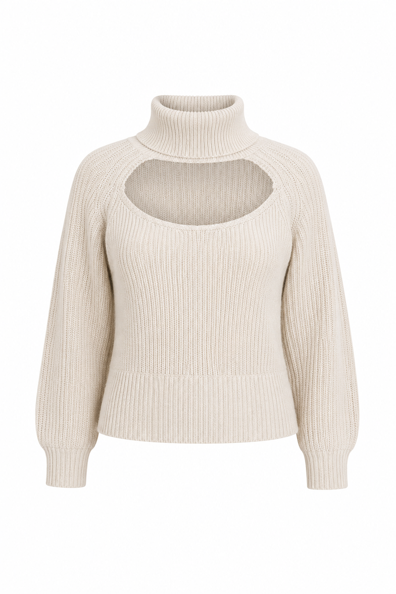 Pull IRO Murane en laine beige avec col roulé, découpe frontale cut-out sur le buste, maille structurée dense, style parisien rock chic_vue de face