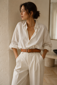 Ceinture Isabel Marant Zaf en cuir de vachette souple avec surpiqûres décoratives le long des bords, boucle dorée brillante, passant de maintien, artisanat italien, détails cousus main distinctifs - editoriale