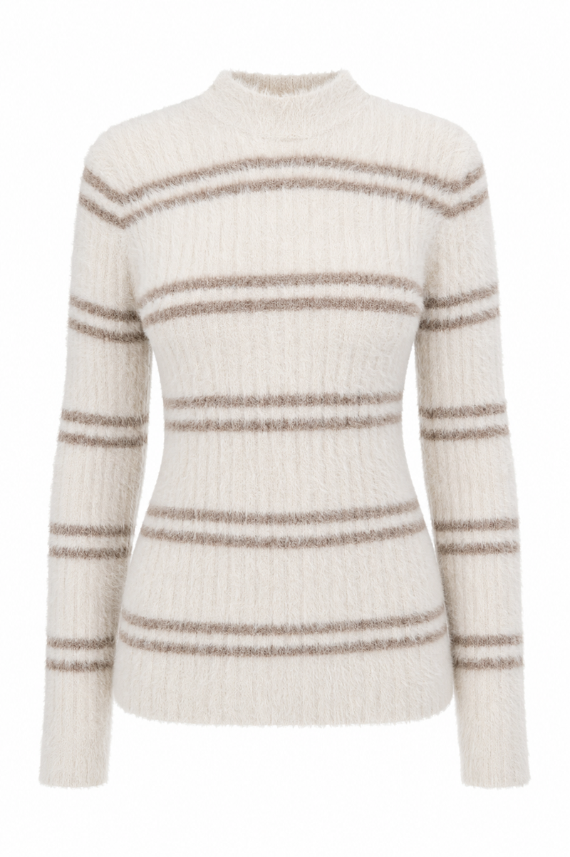 Sweater rayé La Maille Pescadou par Jacquemus en beige et marine, tricot premium, style nautique français - vue de face