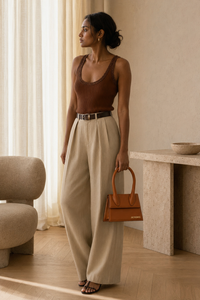 Sac à main Jacquemus Le Chiquito moyen en cuir de veau lisse brun pâle avec surpiqûres blanches contrastantes, anse roulée surdimensionnée et logo doré, maroquinerie italienne_editoriale