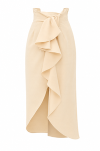 Jupe Payal Kika Vargas jaune beurre, coupe portefeuille à taille très haute, volants structurés en crêpe polyester