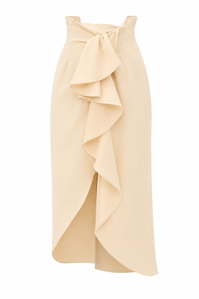 Jupe Payal Kika Vargas jaune beurre, coupe portefeuille à taille très haute, volants structurés en crêpe polyester
