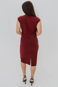 Robe midi fourreau Cabernet par Lafayette 148 en laine rouge bordeaux, manches courtes, coupe ajustée élégante - vue de dos
