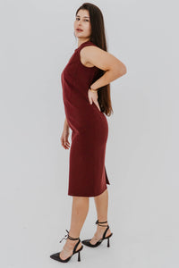 Robe midi fourreau Cabernet par Lafayette 148 en laine rouge bordeaux, manches courtes, coupe ajustée élégante - vue latérale