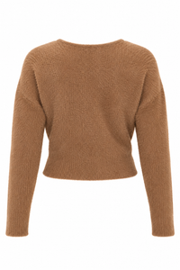Pull cache-cœur Antonella L'AGENCE en maille nylon brun texturé, décolleté en V croisé, coupe légèrement écourtée_vue de dos