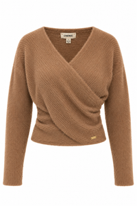 Pull cache-cœur Antonella L'AGENCE en maille nylon brun texturé, décolleté en V croisé, coupe légèrement écourtée_vue de face