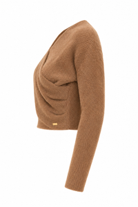 Pull cache-cœur Antonella L'AGENCE en maille nylon brun texturé, décolleté en V croisé, coupe légèrement écourtée_vue de côté