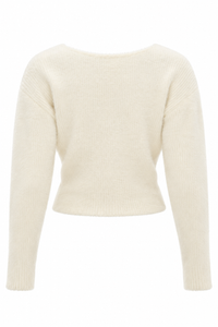 Pull cache-cœur Antonella L'AGENCE en maille nylon crème texturé, décolleté en V croisé, coupe légèrement écourtée_vue de dos