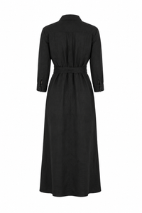 Robe-chemise L'Agence Cameron longue en mélange lin-viscose noir avec boutonnage frontal, poches à rabat, ceinture ton sur ton amovible et manches trois-quarts, style californien_Vue de dos