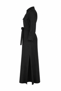 Robe-chemise L'Agence Cameron longue en mélange lin-viscose noir avec boutonnage frontal, poches à rabat, ceinture ton sur ton amovible et manches trois-quarts, style californien_Vue de côté