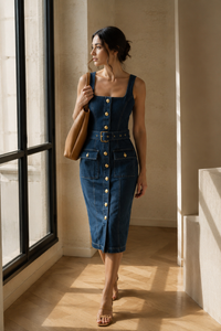Robe midi fourreau Idy de L'AGENCE en denim stretch premium délavage Glendale bleu nuit, boutons dômes dorés embossés, double décolleté en U, ceinture coordonnée, fabriquée aux États-Unis_lifestyle