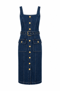 Robe midi fourreau Idy de L'AGENCE en denim stretch premium délavage Glendale bleu nuit, boutons dômes dorés embossés, double décolleté en U, ceinture coordonnée, fabriquée aux États-Unis_Vue de face