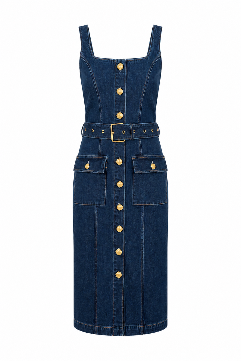 Robe midi fourreau Idy de L'AGENCE en denim stretch premium délavage Glendale bleu nuit, boutons dômes dorés embossés, double décolleté en U, ceinture coordonnée, fabriquée aux États-Unis_Vue de face