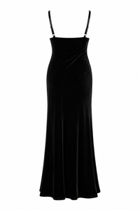 Robe maxi L'AGENCE Venice noire en velours de soie et dentelle, col bénitier en dentelle fine transparente, bretelles spaghetti ajustables, fente latérale haute, silhouette fluide longue jusqu'au sol, texture velours riche et mate_vue de dos