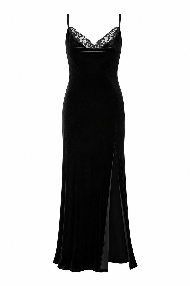 Robe maxi L'AGENCE Venice noire en velours de soie et dentelle, col bénitier en dentelle fine transparente, bretelles spaghetti ajustables, fente latérale haute, silhouette fluide longue jusqu'au sol, texture velours riche et mate_vue de face