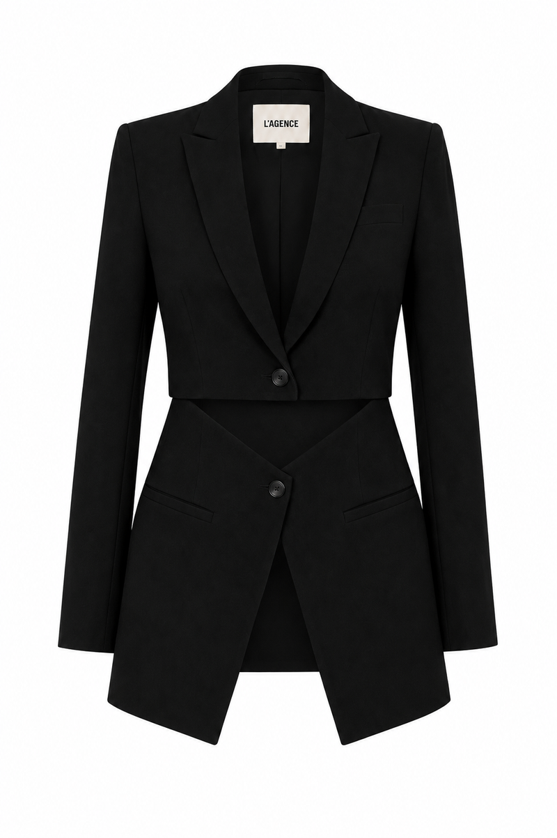 Blazer noir Cora par L'Agence avec manches détachables, coupe structurée élégante, design versatile- vue de face