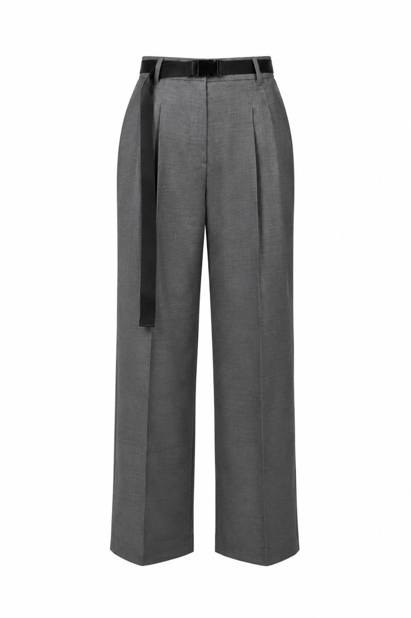 Pantalon Max Mara Juanita en laine mélangée gris anthracite avec taille haute, pinces frontales, coupe droite allongée et ceinture amovible coordonnée, tailoring italien-Vue de face