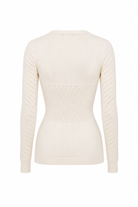 Chandail Max Mara Nadar en maille viscose beige doux avec col V profond, détails perforés ajourés à l'encolure et aux manches, coupe fluide légère_Vue de dos