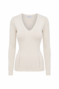 Chandail Max Mara Nadar en maille viscose beige doux avec col V profond, détails perforés ajourés à l'encolure et aux manches, coupe fluide légère_Vue de face