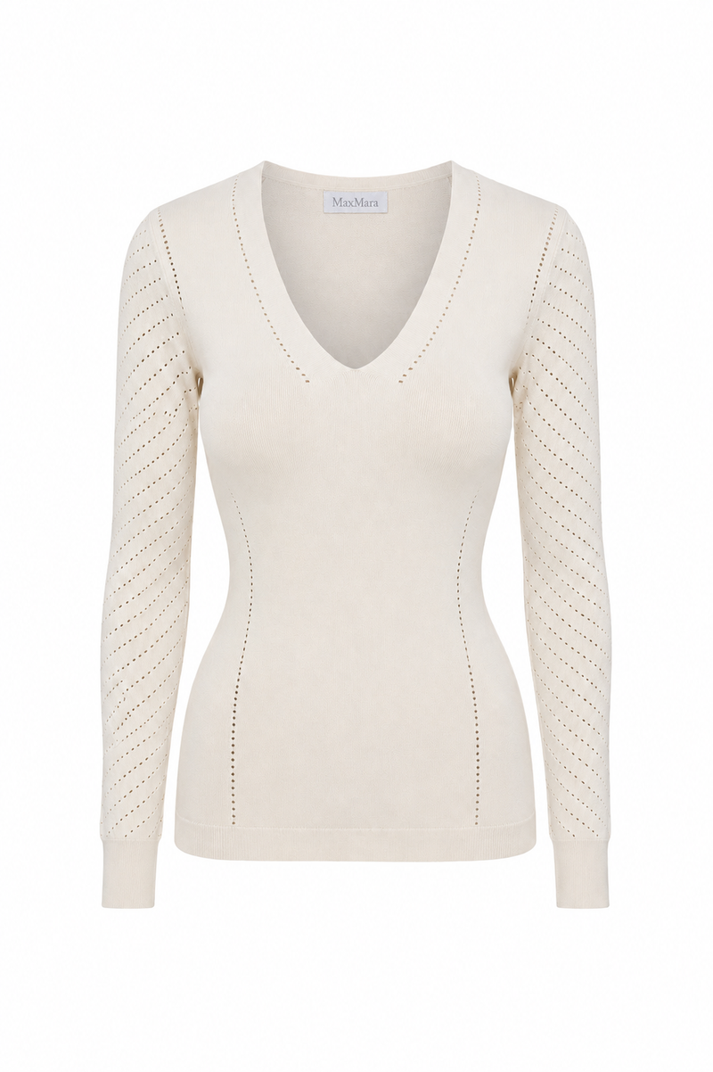 Chandail Max Mara Nadar en maille viscose beige doux avec col V profond, détails perforés ajourés à l'encolure et aux manches, coupe fluide légère_Vue de face