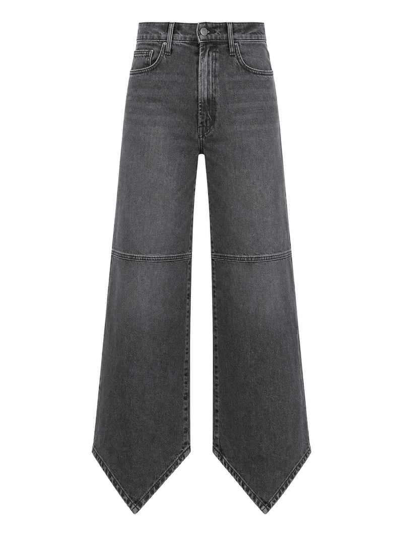 Jean Mother Dagger Flood en denim stretch gris minéral, coupe droite ajustée avec ourlet asymétrique architectural, fabriqué à Los Angeles_vue de face