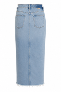 Jupe maxi Mother The Ditcher en denim 100% coton bleu clair délavé, coupe colonne avec fente avant profonde et ourlet Super Fray effiloché, fabriquée à Los Angeles_vue de dos