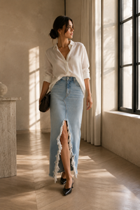 Jupe maxi Mother The Ditcher en denim 100% coton bleu clair délavé, coupe colonne avec fente avant profonde et ourlet Super Fray effiloché, fabriquée à Los Angeles_editoriale