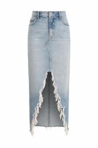 Jupe maxi Mother The Ditcher en denim 100% coton bleu clair délavé, coupe colonne avec fente avant profonde et ourlet Super Fray effiloché, fabriquée à Los Angeles_vue de face