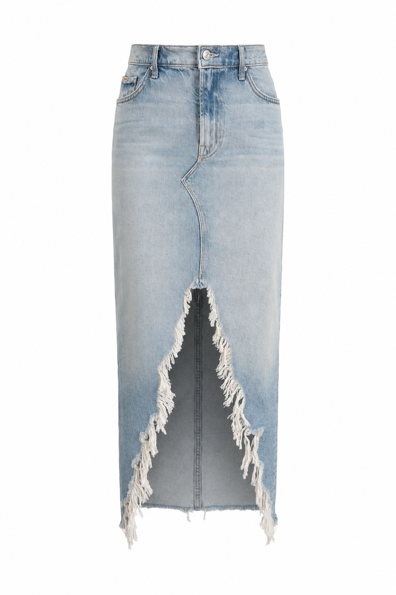 Jupe maxi Mother The Ditcher en denim 100% coton bleu clair délavé, coupe colonne avec fente avant profonde et ourlet Super Fray effiloché, fabriquée à Los Angeles_vue de face