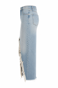 Jupe maxi Mother The Ditcher en denim 100% coton bleu clair délavé, coupe colonne avec fente avant profonde et ourlet Super Fray effiloché, fabriquée à Los Angeles_vue de côté
