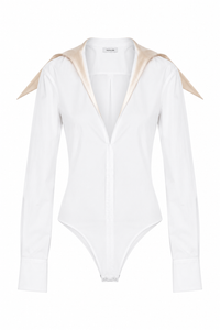 Body Mugler blanc en jersey stretch avec col pointé satiné contrastant, fermeture éclair arrière, coupe sculptante ajustée, design architectural Casey Cadwallader_Vue de face