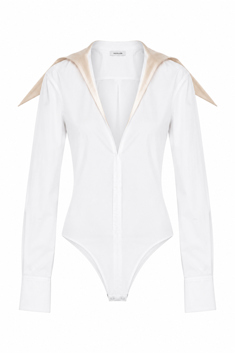 Body Mugler blanc en jersey stretch avec col pointé satiné contrastant, fermeture éclair arrière, coupe sculptante ajustée, design architectural Casey Cadwallader_Vue de face