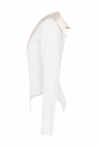 Body Mugler blanc en jersey stretch avec col pointé satiné contrastant, fermeture éclair arrière, coupe sculptante ajustée, design architectural Casey Cadwallader_Vue de côté