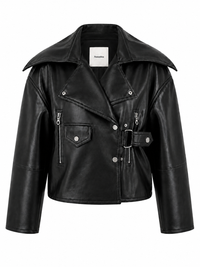 Veste Nanushka Ado courte en similicuir noir régénéré avec finition mate, silhouette écourté et fermeture éclair asymétrique, design minimaliste hongrois - vue de face